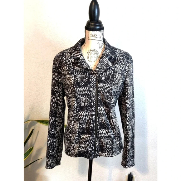 Grace Elements Black White Animal Print Collared Zipper Jacket Size 10 - Picture 1 of 7